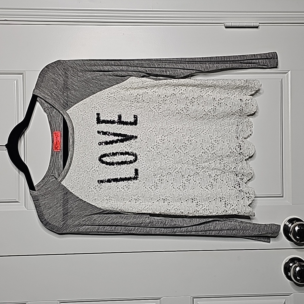 Raglan Style Thin Knit Graphic Top with Lace Front